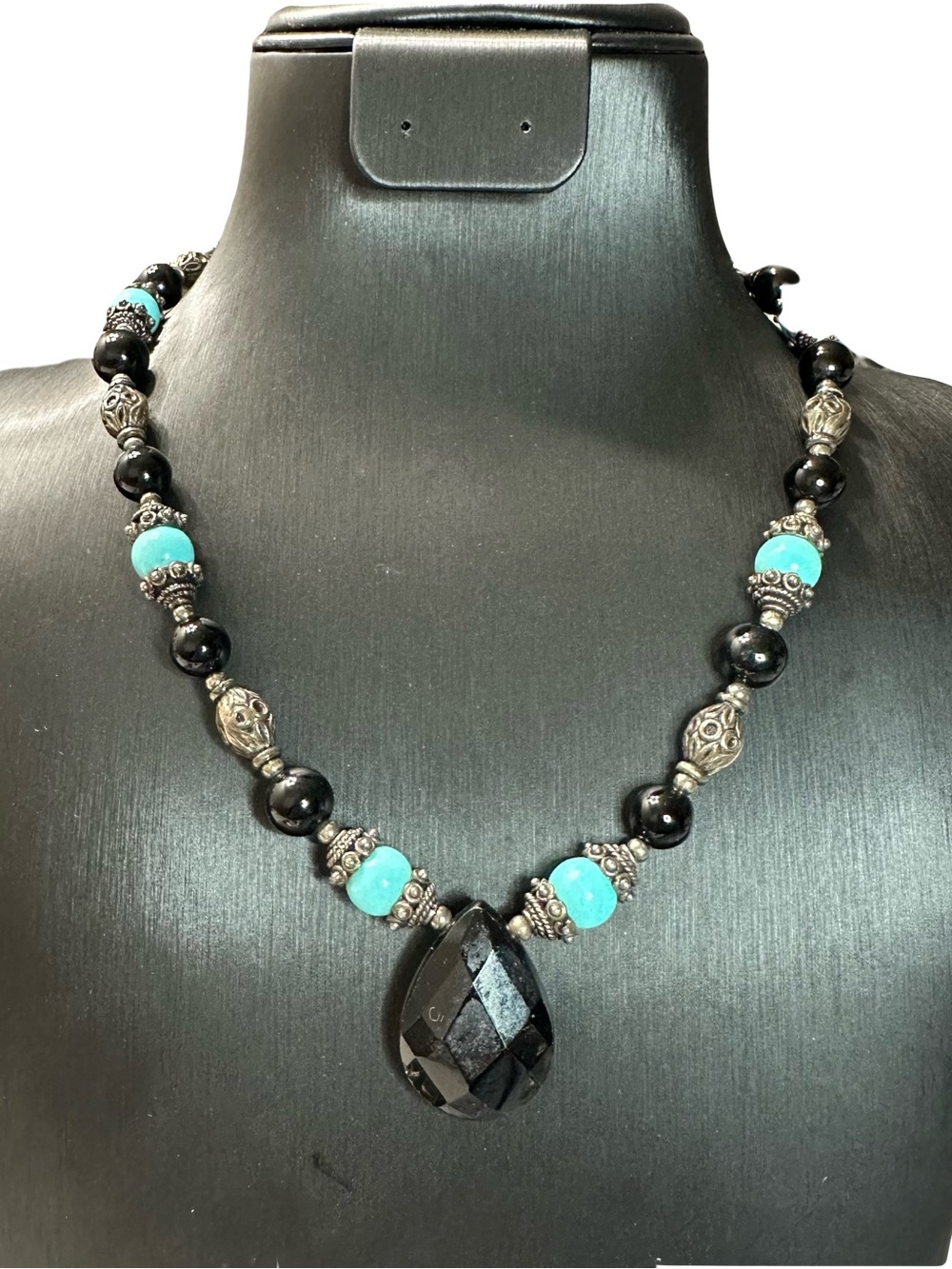 Sterling Black and Turquoise Bead Necklace with Faceted Teardrop Pendant